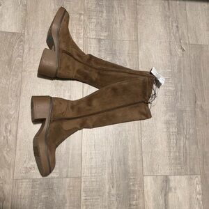Zara Brown Suede Knee-High Block Heel Boots